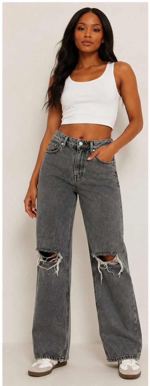 NA-KD Gray Wash Distressed Straight Leg Jeans, Size 36
